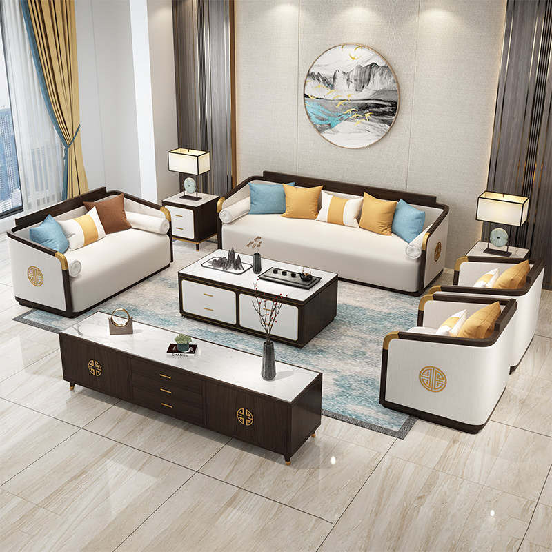 New Chinese style sofa light luxury living room Zen modern minimalist villa furniture small apartment solid wood fabric sofa combination