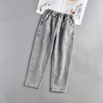 Girls jeans autumn pants 12-year-old children female foreign-born children high waist Korean version straight cigarette gray trousers 13