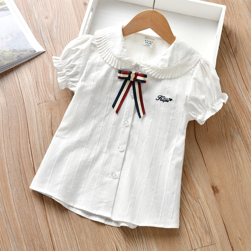 Small Girl White Shirt Summer Short Sleeve Woman Summer Ocean Pie Summer Dress Slim Fit White Trendy Pure Cotton Shirt New Blouse
