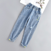 Girls foot jeans spring soft 2021 new big childrens wear hole foreign air Korean version of fashionable childrens female spring