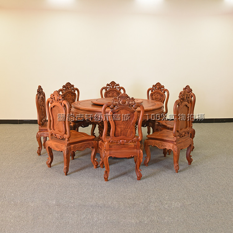 Burmese rosewood European-style dining table Mahogany deep-carved rose dining table Large fruit red sandalwood European-style round dining table thickened