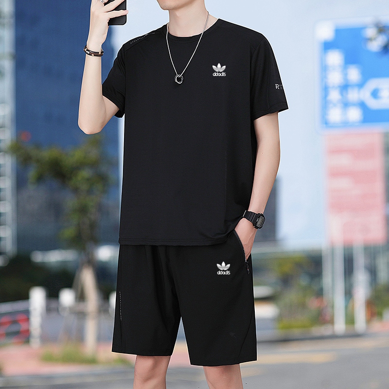 Outlet Store Men's Summer New Round-Neck Quick-Dry Sports Set, Ice Silk Cool Sensation, Large Size Shorts and T-Shirt Two-Piece Set