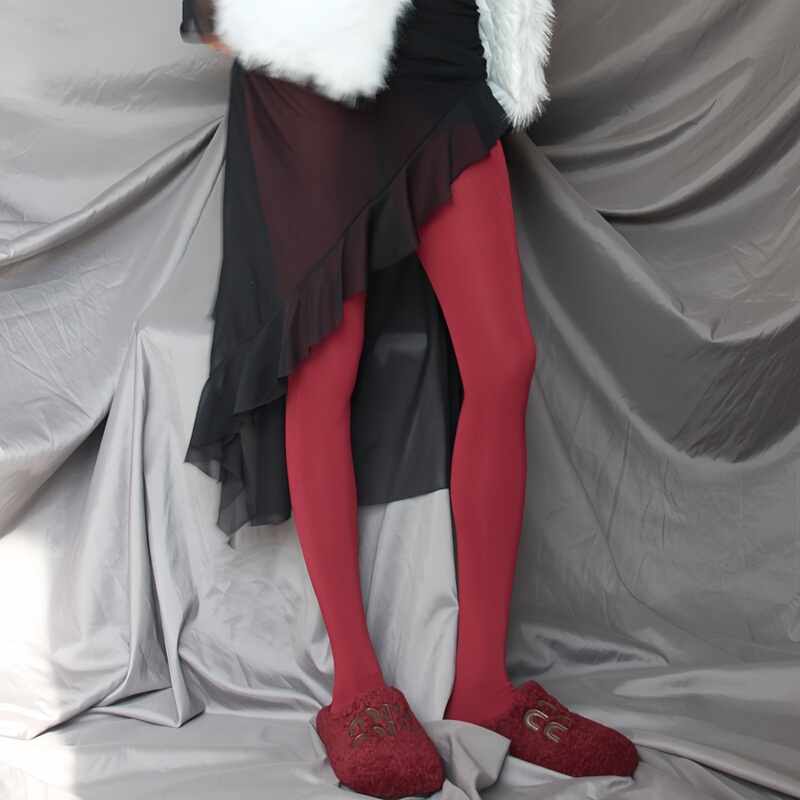 Spring, Autumn, and Winter Fleece-Lined Thin Pantyhose Cherry Angora Red Fresh Wine Red Warm Base Layer Tights for Women