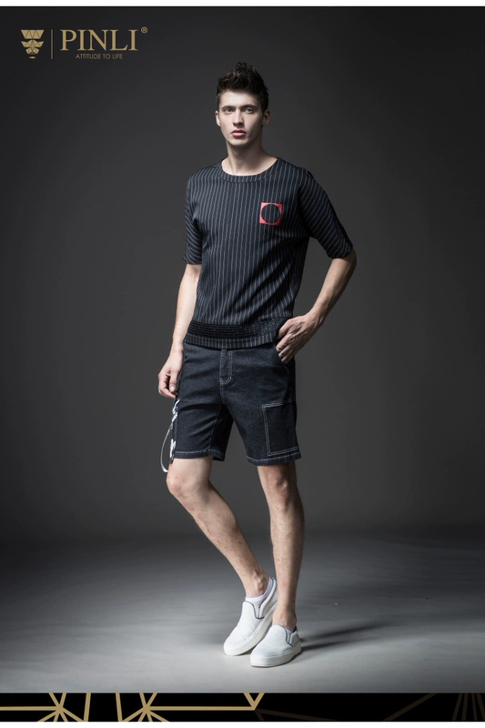 PINLI sản phẩm mùa hè người đàn ông mới của vòng cổ T-Shirt sọc in ngắn tay triều S182411294