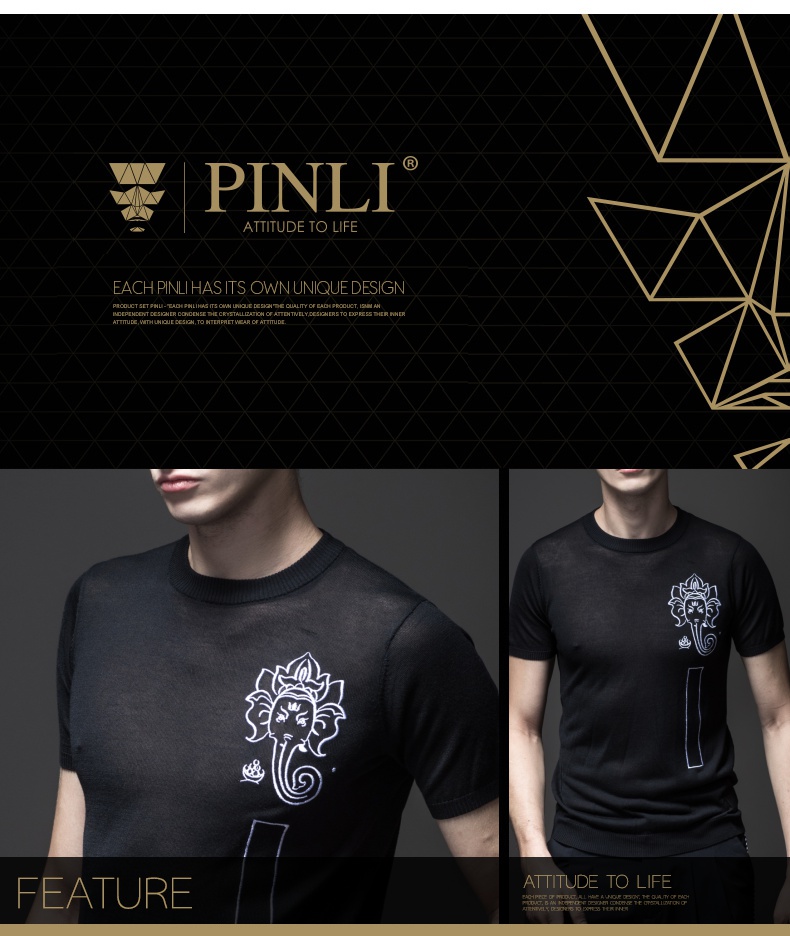 PINLI 品 立 2018 mùa hè người đàn ông mới của thêu áo len ngắn tay T-Shirt S182111235