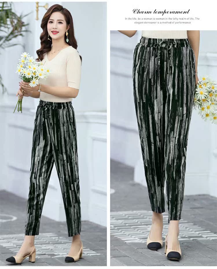 Quần nữ trung niên và già mùa hè mỏng cotton và quần lụa co giãn eo cộng với phân bón quần hoa XL quần mẹ chín điểm - Quần áo của mẹ áo thun nữ trung niên
