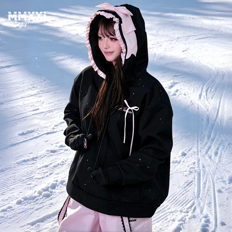 26 New Models Mmxxi【Melody Bow】Black Ski Sweatshirt Waterproof Loose Ski Suit Women's Set