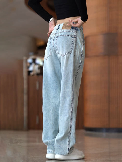 Light color jeans for men spring and summer new style simple splicing versatile drape straight pants American retro high street wide leg pants
