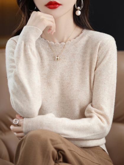 软糯休闲花边圆领打底衫女新款洋气2024年秋季毛衣长袖针织衫宽松