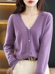 2024 new loose large size V -neck with long -sleeved sweater knitted cardigan female spring and autumn solid color top female thin