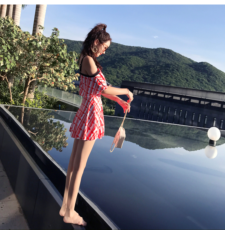 Đồ bơi nữ gợi cảm của học sinh bảo thủ Hàn Quốc mỏng nhỏ sọc nhỏ xù lông một mảnh kiểu đồ bơi bụng - Bộ đồ bơi One Piece màu áo tắm liền thân đẹp