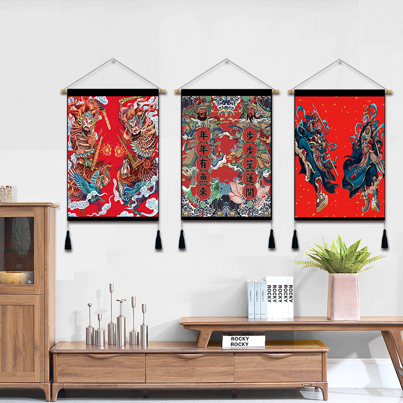 Cloth art hanging painting God of wealth New Year painting Door god Japanese dining decorative painting Meter box occlusion tapestry background cloth customization