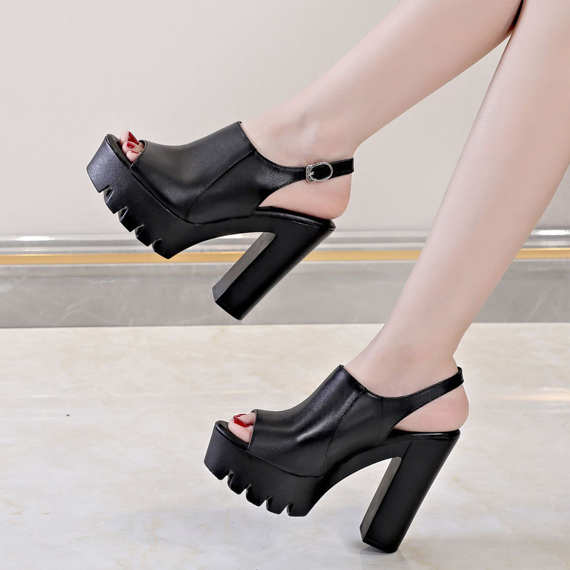 Chunky Heel Sandals for Women 2026 Summer New Genuine Leather Open-Toe Platform Ultra-High Heel Thick-Soled Runway Fashion High Heels