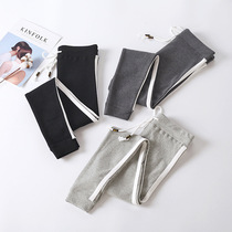 2021 Spring and Autumn New combed cotton women side pull white strip elastic elastic waist small feet nine points leg leg leggings