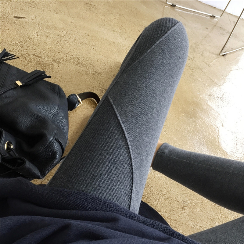 Korean Style Spring and Autumn Pure Cotton Ribbed Splicing High-Elasticity Non-Pilling Slimming Nine-Point Leggings for Women