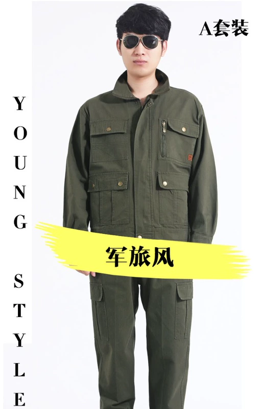 Quần yếm cotton nguyên chất phù hợp với dịch vụ bảo hiểm lao động nam mùa xuân và mùa thu dụng cụ hàn điện tự động sửa chữa nhà máy dịch vụ trang web làm việc quần áo cộng với phân bón để tăng shop quần áo nam