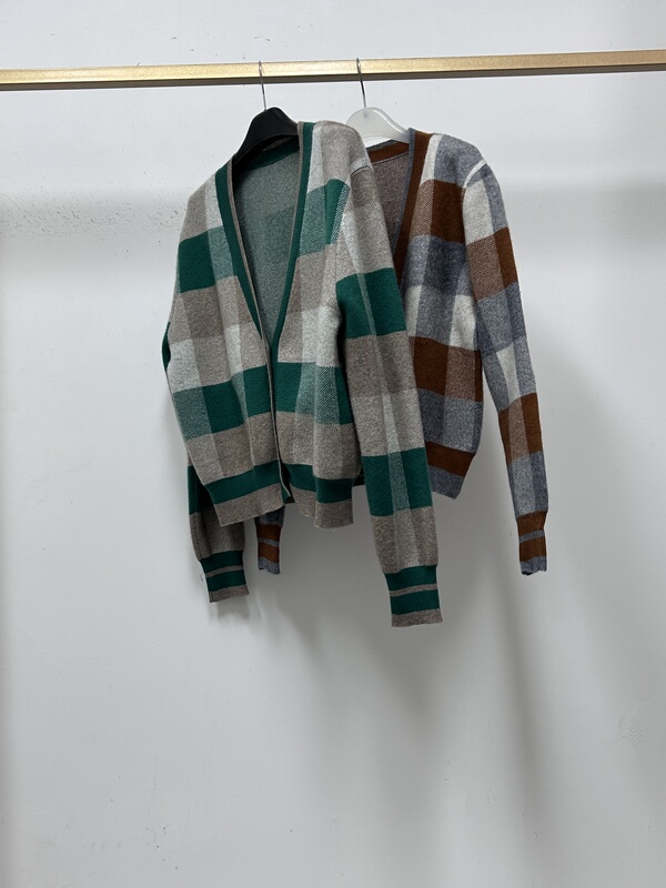 Clearance! Only a Few Pieces Left ~ Four-Needle Thickened Vintage Plaid Color-Block V-Neck Cashmere Knit Cardigan Jacket Clearance! Only a Few Pieces Left ~ Four-Needle Thickened Vintage Plaid Color-Block V-Neck Cashmere Knit Cardigan Jacket