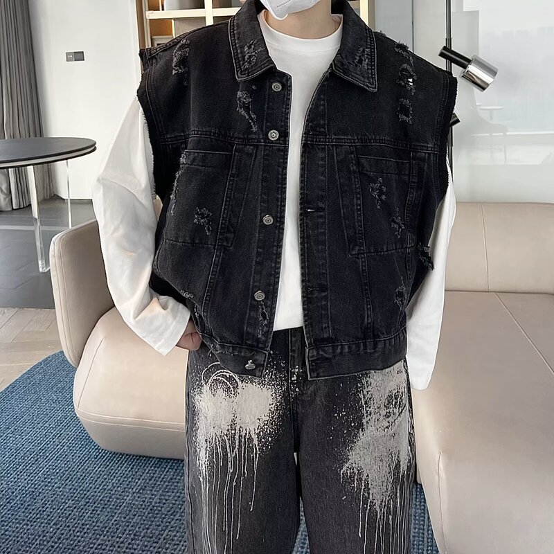Summer Hong Kong Style Ripped Denim Vest Men's Trendy Brand Vest High Street Dopamine Handsome Loose Sleeveless Vest Jacket