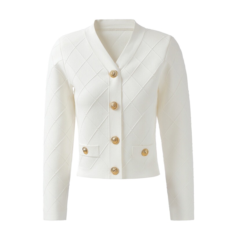 Effie Balmain Small Chanel-Style Quilted Short Knit Cardigan with V-Neck, Gold Buttons, Long Sleeves, Sweater Jacket Top
