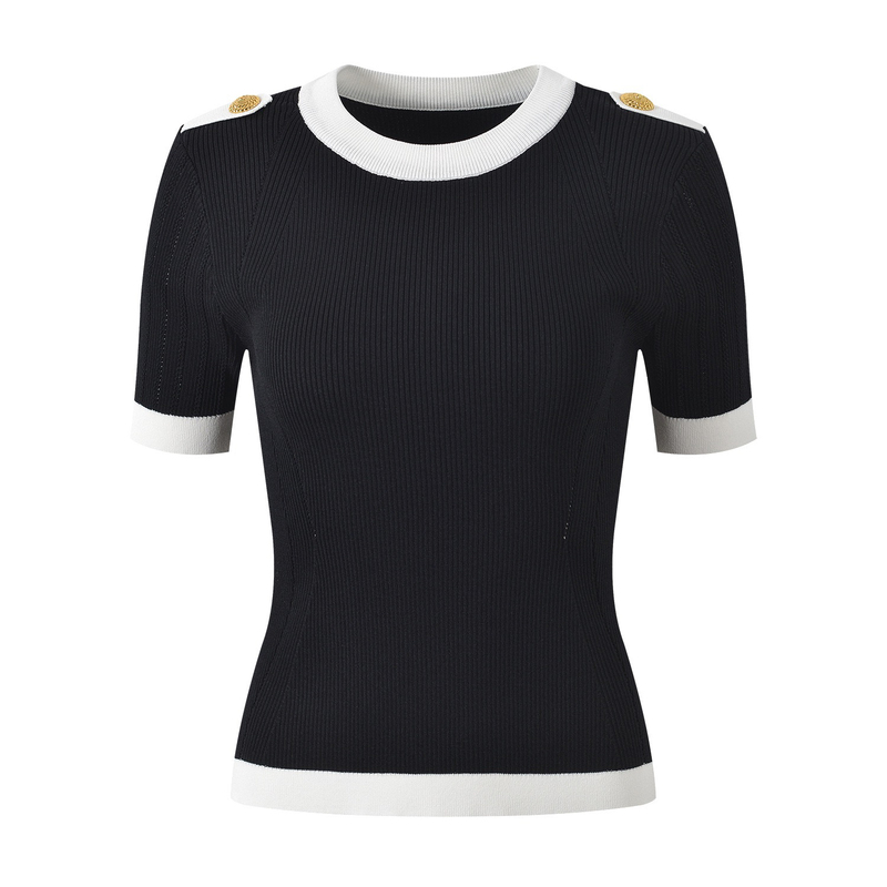 Effie Balman's New Summer Round-Neck Gold-Button Elastic Slim-Fit Versatile Short Knitted T-Shirt Top