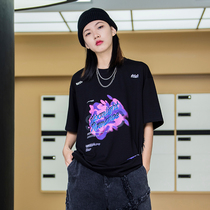 Jenny Nasa black short-sleeved t-shirt womens summer new loose straight round neck printed Japanese half-sleeve top