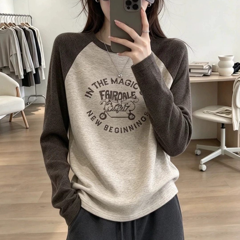 Contrast Color Printed Long-Sleeved Pure Cotton T-Shirt for Women 2026 Spring & Fall New American Fashion Slimming Look Inner Layering Shirt Top