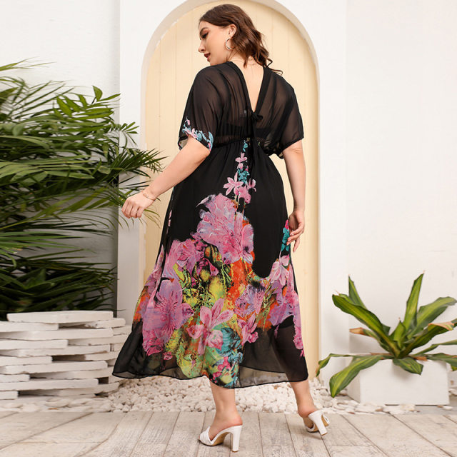 Plus size women deep V neck beach dress long boho dresses dress