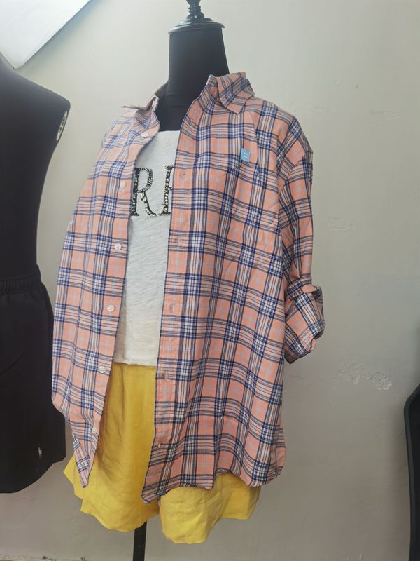 Spring and Summer Women's Nordic Niche Plaid Smiley Face Embroidered Casual Slimming Pure Cotton Collared Long-Sleeved Shirt