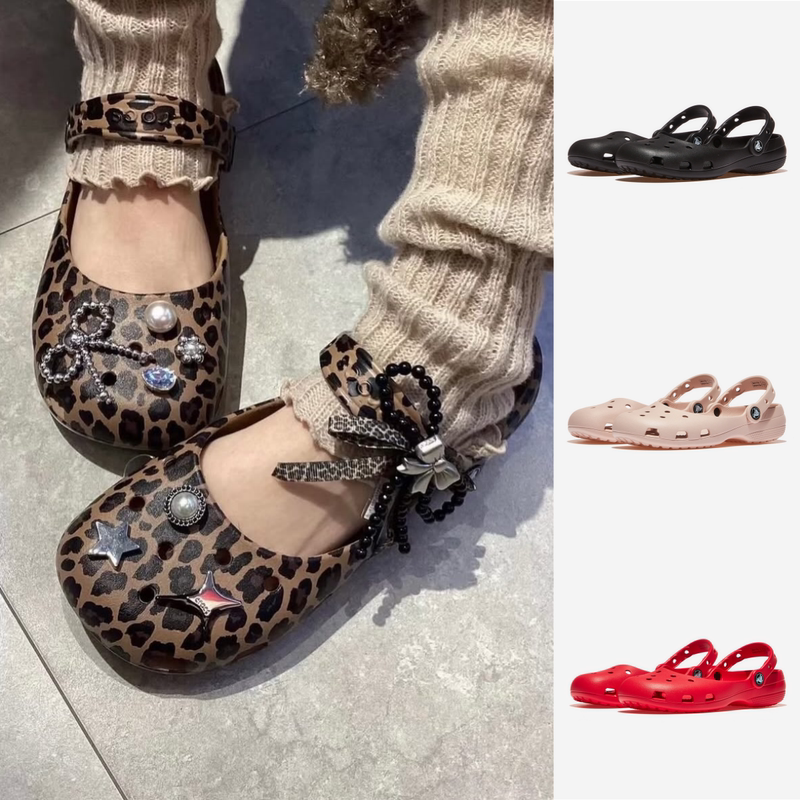 Korean Purchasing Agent for Crocs Leopard Print Ballet Clogs for Women, Elegant and Fashionable Slip-On Sandals