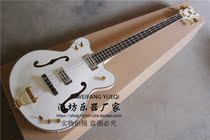 flyoung G6136L double cutaway f-hole semi-hollow four-string electric bass white in person gold accessories 4-string