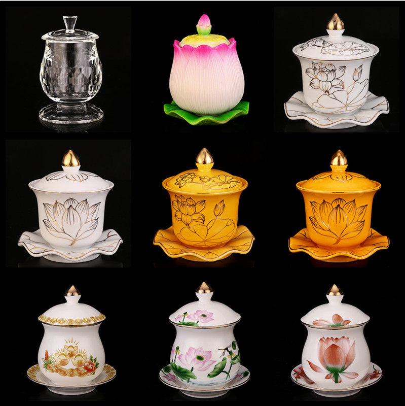 Fu 'an Buddhist articles ceramic lotus water cup lotus painting gold holy water cup fortune cup yellow white