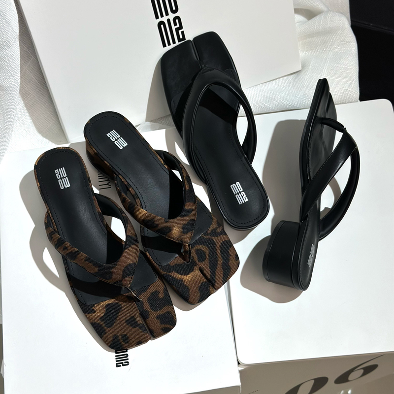 Moniz European and American Style Square-Toe Split-Toe Flip-Flops for Women, Summer Leopard Print Thong Sandals for Outdoor Wear