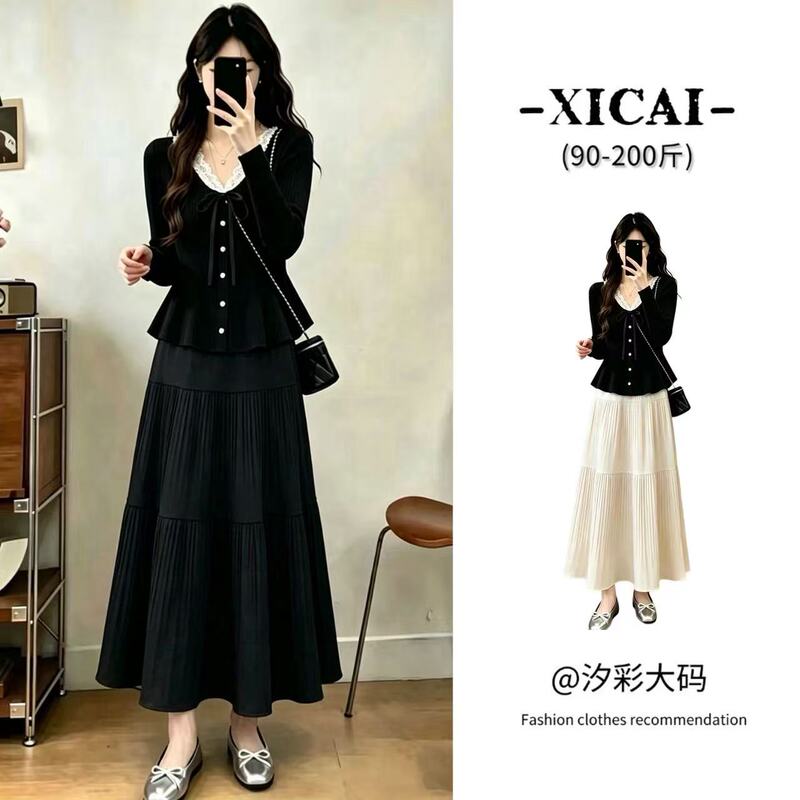 Plus-Size Autumn and Winter New Fashion Elegant Lace V-Neck Top + Slimming Pleated Skirt Two-Piece Set
