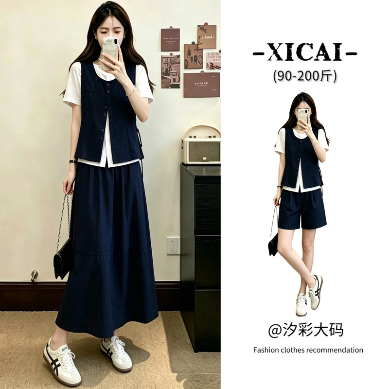 Plus-Size Slimming Outfit, New Summer Style, Large Size, Korean Casual, Simple, Fake Two-Piece Short-Sleeve Top + Skirt Two-Piece Set Plus-Size Slimming Outfit, New Summer Style, Large Size, Korean Casual, Simple, Fake Two-Piece Short-Sleeve Top + Skirt Two-Piece Set