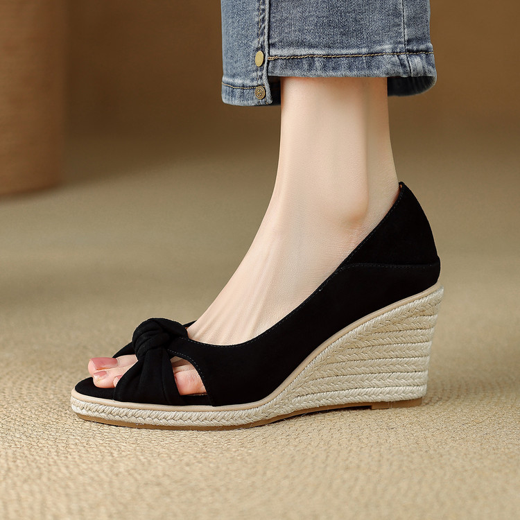 Bow-Knot Straw Wedge Sandals for Women, Genuine Leather Spring and Summer Thick-Soled Platform Shoes, Waterproof Platform Inner Height-Increasing Fish-Mouth Shoes