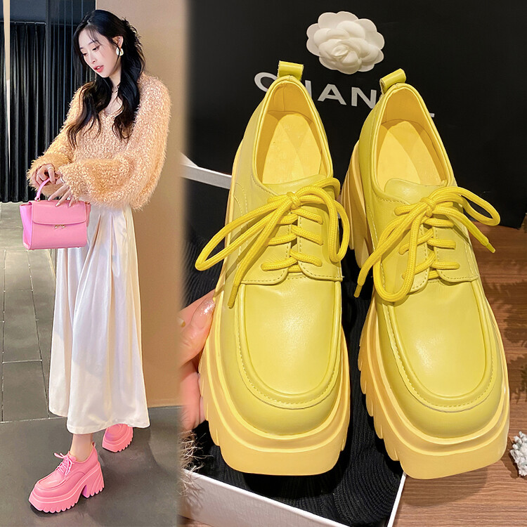 10cm Ultra-High Heel Leather Shoes for Women 2026 Spring and Autumn New Genuine Leather Square Toe Thick-Soled Platform Shoes Chunky Heel Single Shoes Yellow