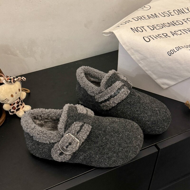 British Thick-Soled Gray Fleece-Lined Birkenstock Shoes for Women, Winter 2026 New Style Slip-On Snow Boots, Furry Cotton Shoes