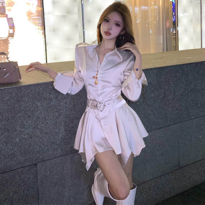 French-Style Satin Polo Collar Long-Sleeve Shirt Dress, New Autumn Style, Waist-Cinching, Irregular A-Line Short Skirt French-Style Satin Polo Collar Long-Sleeve Shirt Dress, New Autumn Style, Waist-Cinching, Irregular A-Line Short Skirt