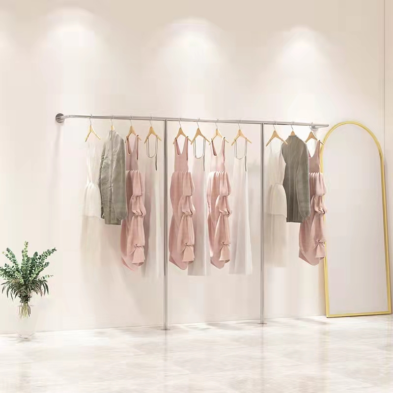 Clothing store display rack upper wall pole women's display rack children's clothing stainless steel brushed clothes rack floor wall hanging