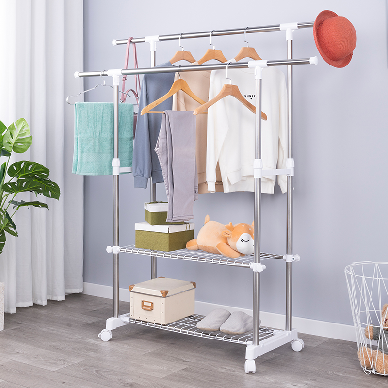Stainless steel telescopic floor clotheshorse folding indoor double-lever style hanging clothes rack balcony sunburn