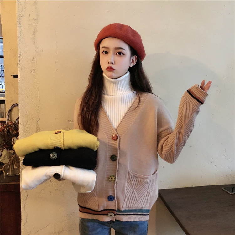 VK旗艦店 韓國學院秋冬彩色扣針織單品外套