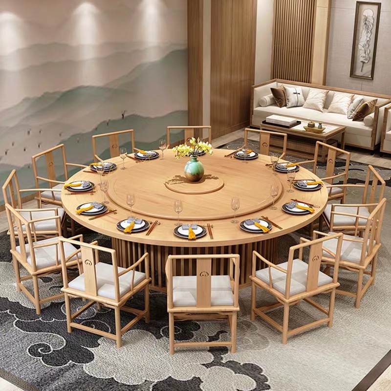 New Chinese hotel dining table Electric large round table Bed and breakfast solid wood dining table Club wood color 15-person Japanese round table