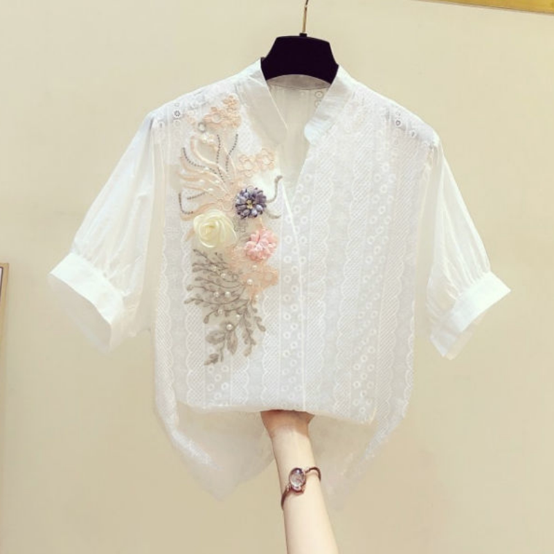 Foreign Trade Artistic Young and Beautiful White Pure Cotton Shirt for Women, 2026 Summer Fashion Embroidered Loose Casual Shirt Trend