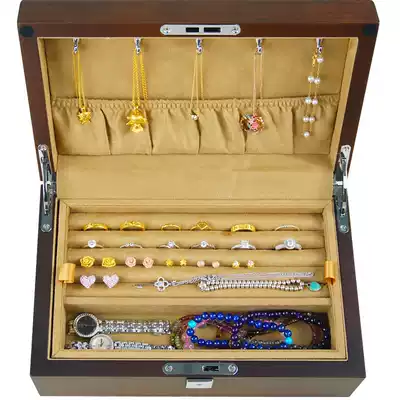 Small double jewelry box wooden simple ring necklace bracelet storage jewelry collection Japanese and Korean style with lock Princess
