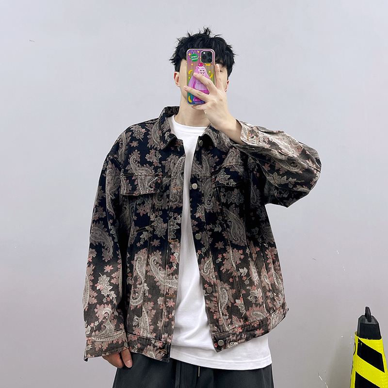 PGUP STUDIO Autumn Heavy Industry Water Wash Gradual Layer Fitted Fruit Printing Layer Jacket Cocket Man