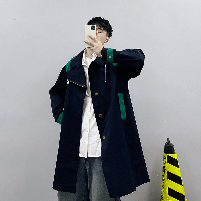 PGUP STUDIO SPRING AUTUMN NEW BIG BRAND TREND COLLISION COLOR SPLICING CASUAL LOOSE MEDIUM LONG VERSION WINDSUIT JACKET MAN