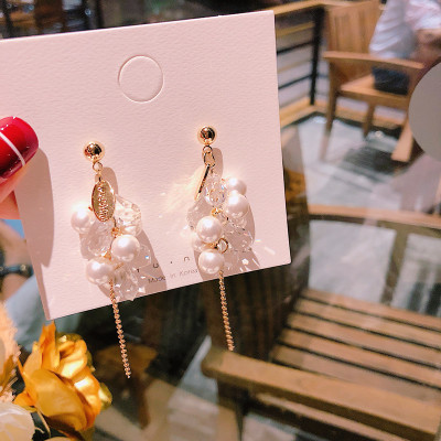 925 silver needle Korean Korean version fashion exquisite handmade pearl crystal beaded drop earrings long earrings earrings for women