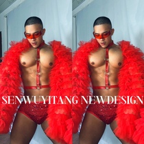 Bar DS stage GOGO New Years Valentines Day red sexy exaggerated puffy sleeves jacket bombing mens and womens performance costumes