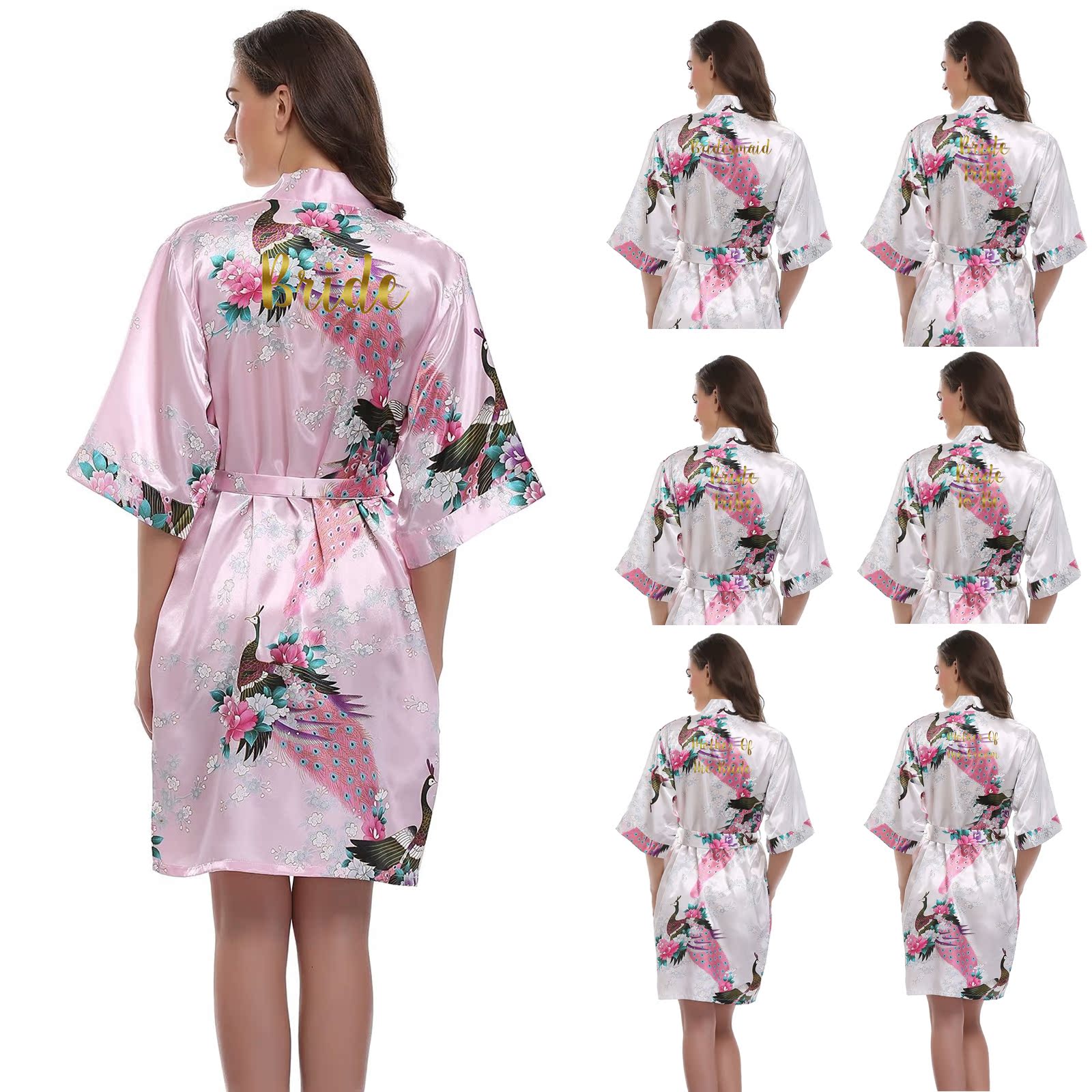 peacock print satin kimono robe