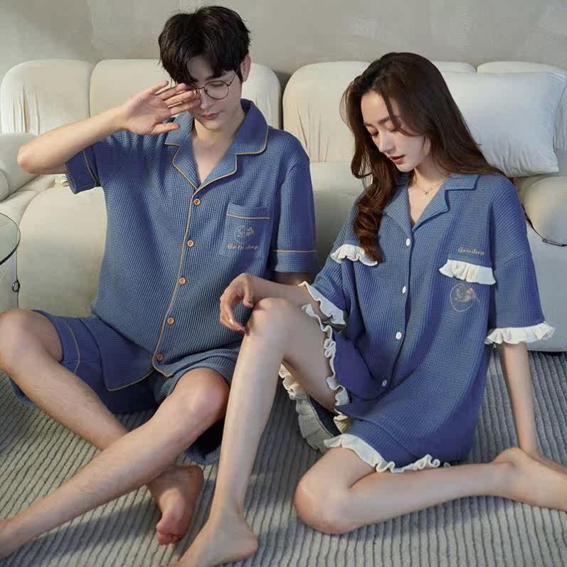 2022 new summer short-sleeved shorts pure cotton couple pajamas summer cute men's and women's home clothes thin suits
